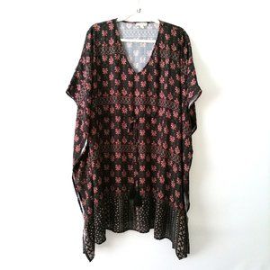 Cotton Blue Womens Black V-Neck Kimono Sleeve Floral Casual Blouse Top Size L/XL